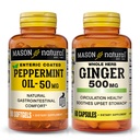 MASON NATURAL Peppermint Oil 50 mg Enteric Coated Softgels & Whole Herb Ginger 500 mg Bundle for Daily Digestive Support & Overall Wellness
