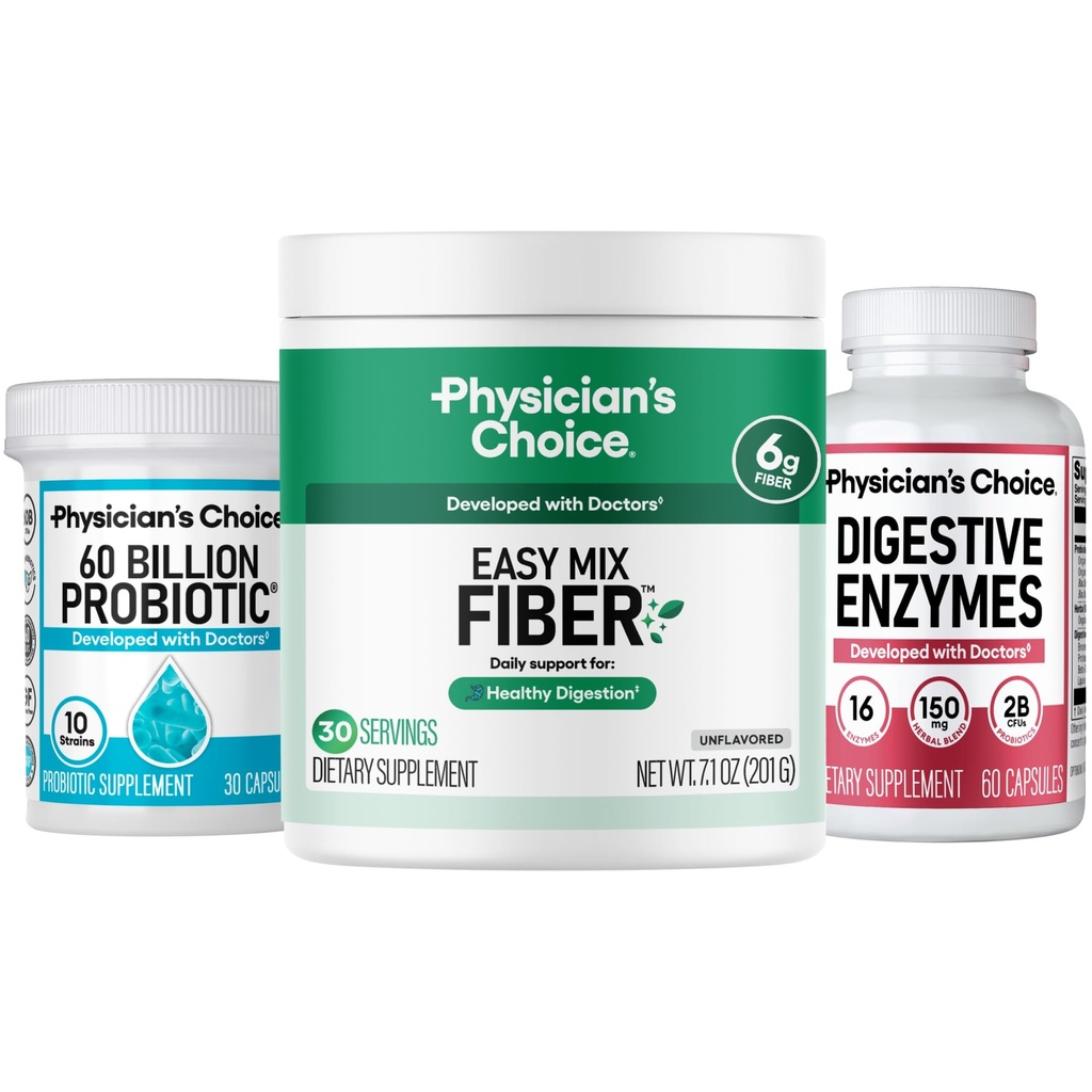 Physician's CHOICE Daily Gut Essentials Bundle: Easy Mix Fiber, Digestive Enzymes & 60 Billion Probiotic