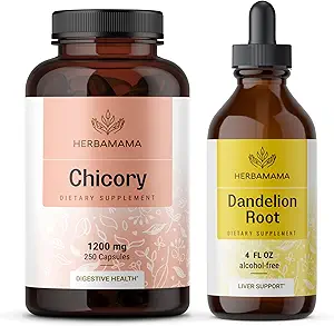 HERBAMAMA Chicory and Dandelion Kit - Bundle των 1200 mg Chicory Root Capsles & Dandelion Root Tincture 4 fl oz - Vegan, Μη ΓΤΟ, Ζάχαρη & Αλκοόλ- Δωρεάν - 2 Pack
