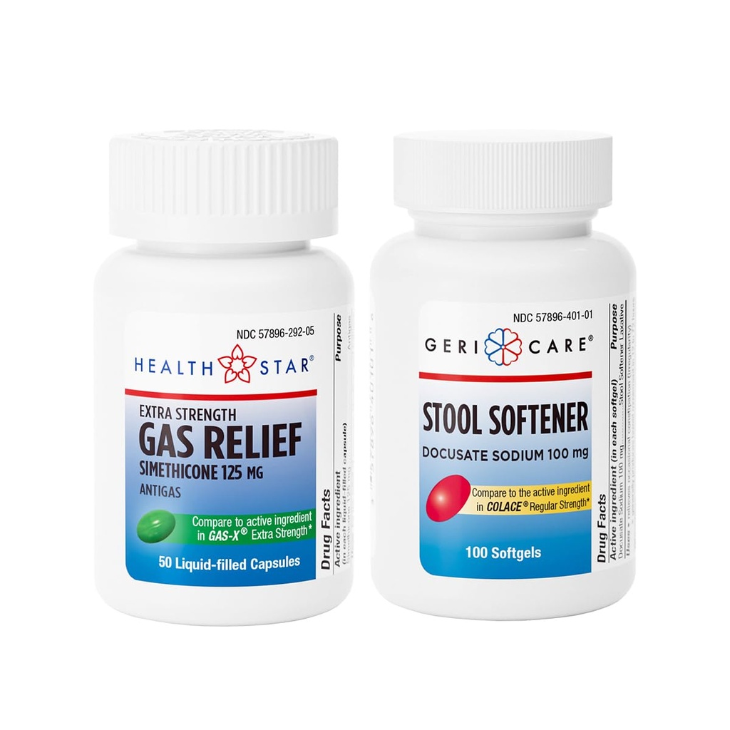 GeriCare Stool Softener – Docusate Sodium 100mg & Extra Strength Gas Relief – Simethicone 125 mg Softgels, Gentle Constipation Relief and Fast Gas, Bloating & Pressure Relief Bundle, Digestive Health
