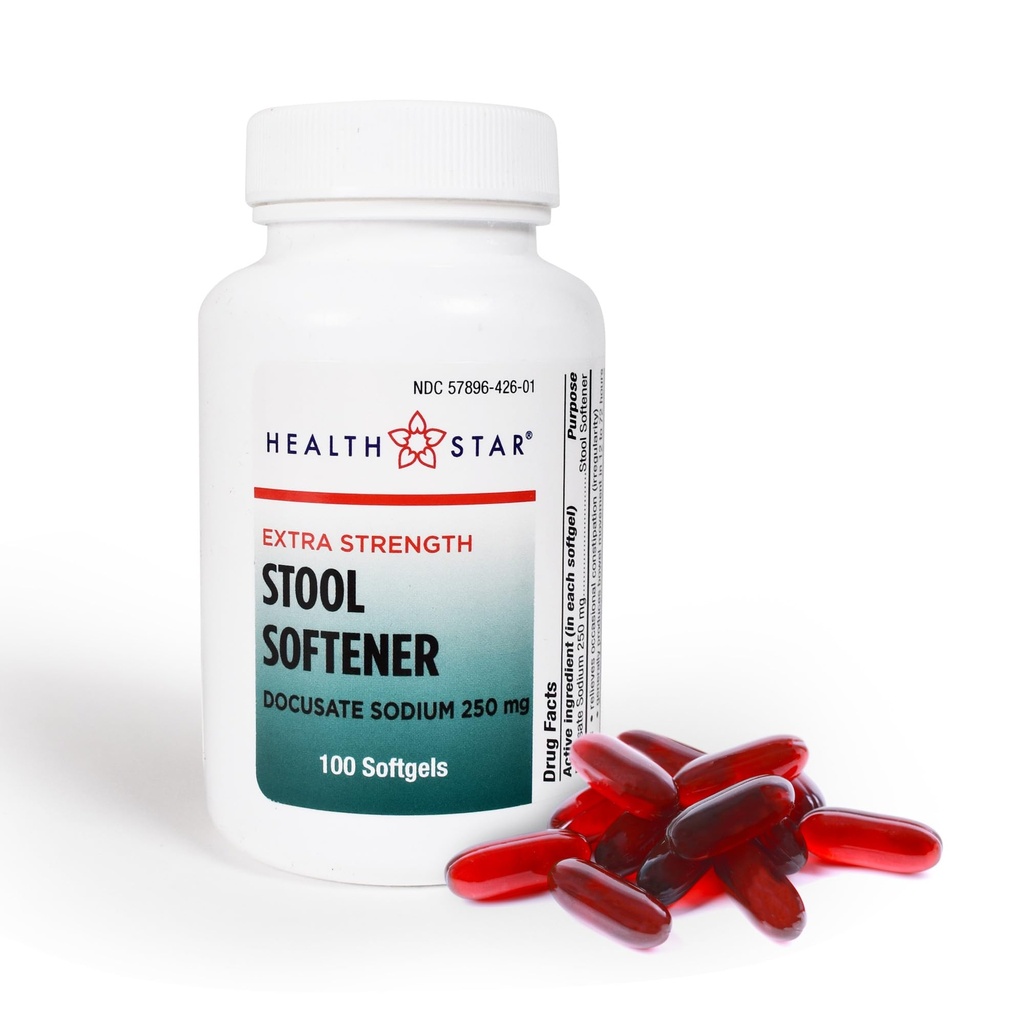 Health Star Extra-Strength Stool Softener Docusate Sodium 250mg Softgels (100 Count) Stimulant Laxative for Constipation & Irregularity| Gentle Constipation Relief Stool Softeners for Women & Men