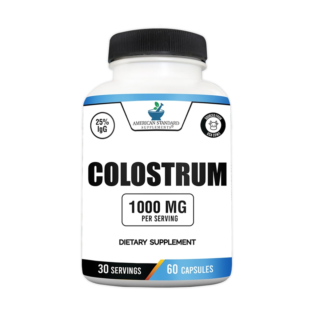 American Standard Συμπληρώματα Κάψουλες Colostrum - 1000mg ανά υπηρεσία, 60 κάψουλες, USA Soured Cow Colostrum, Standardized to 25% ανοσοσφαιρίνες (IgG)