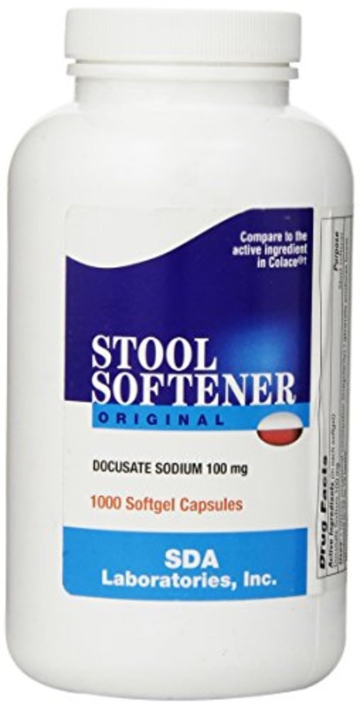 SDA Laboratories Docusate Sodium 100 mg Stool Softener, Fast-Acting Relief from Occasional Constipation for Easier Bowel Movements, 1000 Softgels (1 Pack)