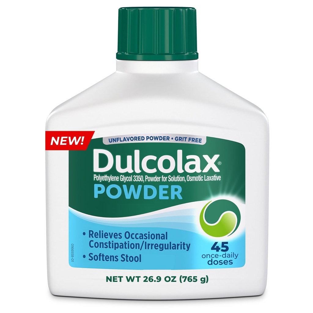 Dulcolax Laxative Powder, Gentle Constipation Relief, Stool Softener with PEG 3350, Nonstimulant Formula, No Harsh Side Effects, for Adults, Men, & Women, 45 Doses