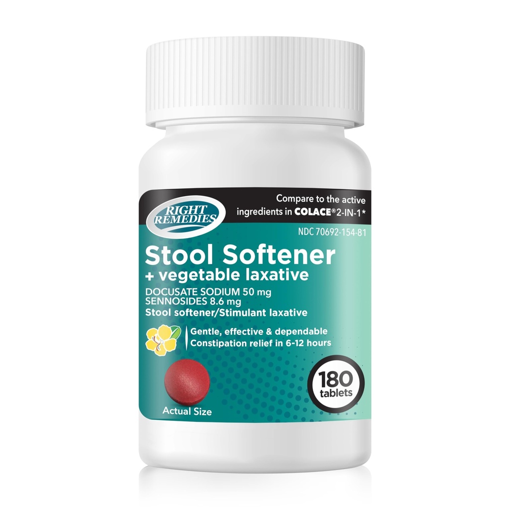 Right Remedies Natural Vegetable Laxative Plus Stool Softener, (180 Tablets), Gentle Effective Dependable Constipation Relief in 6-12 hours, Compare to the Active Ingredients in National Brand Product