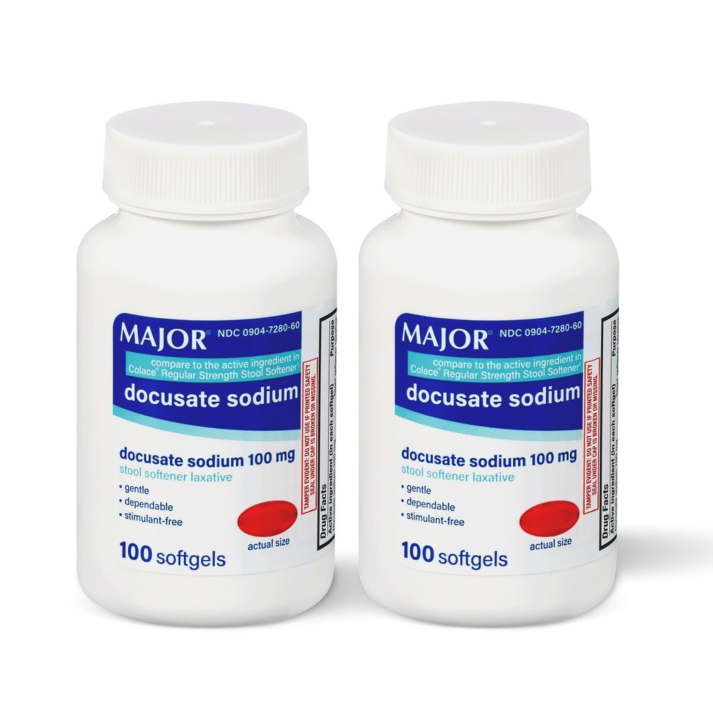 MAJOR Docusate Sodium 100mg Softgels, Stool Softener Laxative for Occasional Constipation Relief - Gentle, Dependable, Stimulant-Free, 100 Count (2-Pack)