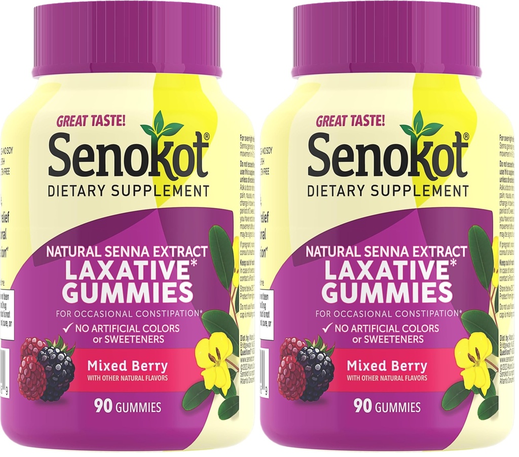 Senokot Dietary Supplement Laxative Gummies,Natural Senna Extract,Gentle,Overnight Relief from Occasional Constipation,Mixed Berry Flavor,90 Count (Pack of 2)