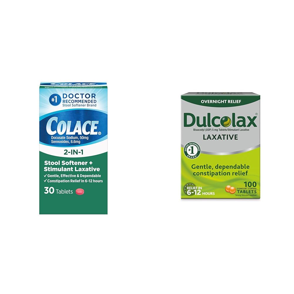 Colace 2-in-1 Stool Softener & Stimulant Laxative Tablets, Gentle Constipation Relief in 6-12 Hours & Dulcolax Stimulant Laxative Tablets (100 Count) Gentle Overnight Constipation Relief