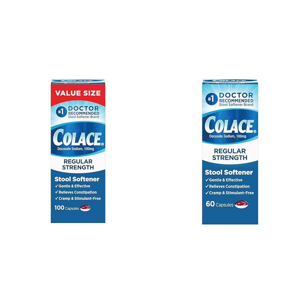 Colace Regular Strength 100mg Capsules Stool Softener 60 & 100 Count Bundles for Gentle Constipation Relief