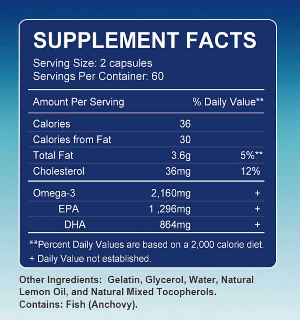 Triple Strength Omega-3 2160mg + EPA 1296mg + DHA 864mg + Φυσικό συμπλήρωμα για την υγιή καρδιά / Brain Support, 120 Softgels, 60 ημέρες προσφοράς