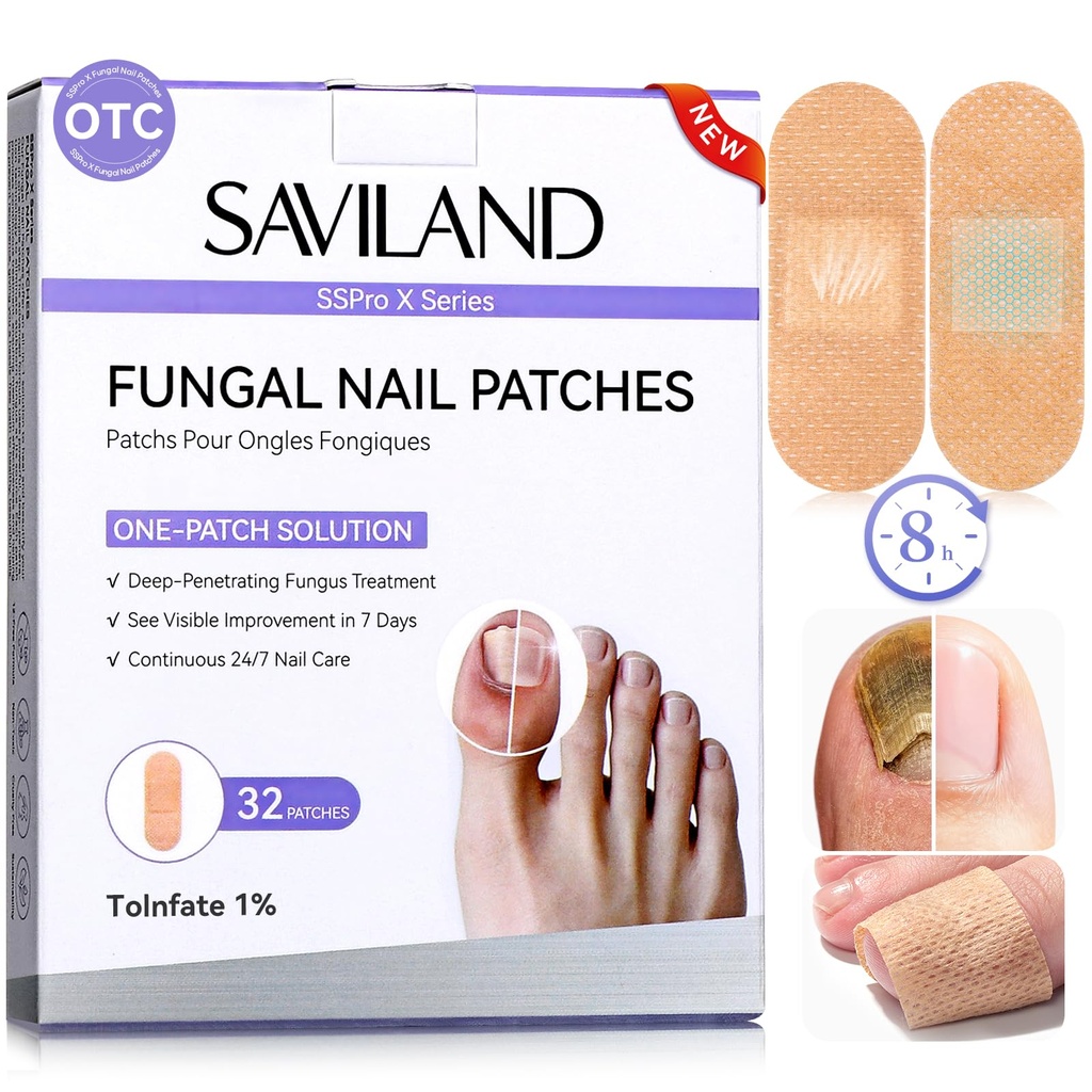 SAVILAND Fungal Nail Patches 32 PCS FSA-HSA Extra Strength: 8H Overnight Repair 1% Tolnaftate Toenail Treatment Nighttime Nail Renewal Restores Damaged Nails Discolored Thick Yellow