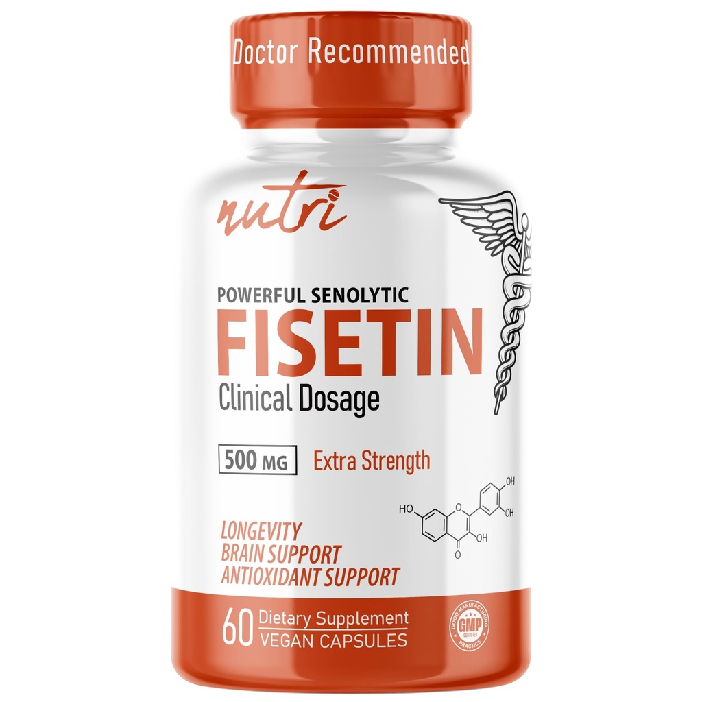 Nutri Fisetin 500mg 60 Count - Clinical Dosage - Fisetin Supplements - Powerful Senolytic Activator, Antioxidant, Heart & Brain Support - Natural Polyphenols - Capsules - 3rd Party Tested for Purity