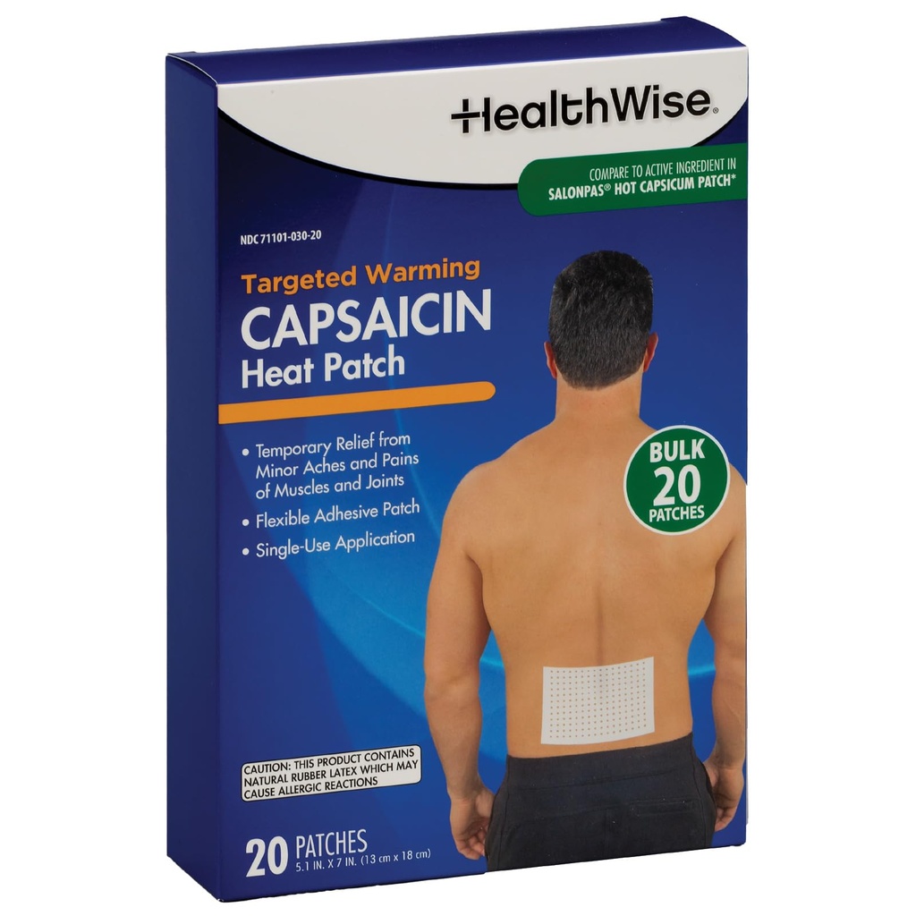 HealthWise Targeted Warming Capsaicin Heat Patch | Back & Large Areas | 20-Count | 5.25” x 7” | Topical Analgesic | Soothes Minor Aches and Pains