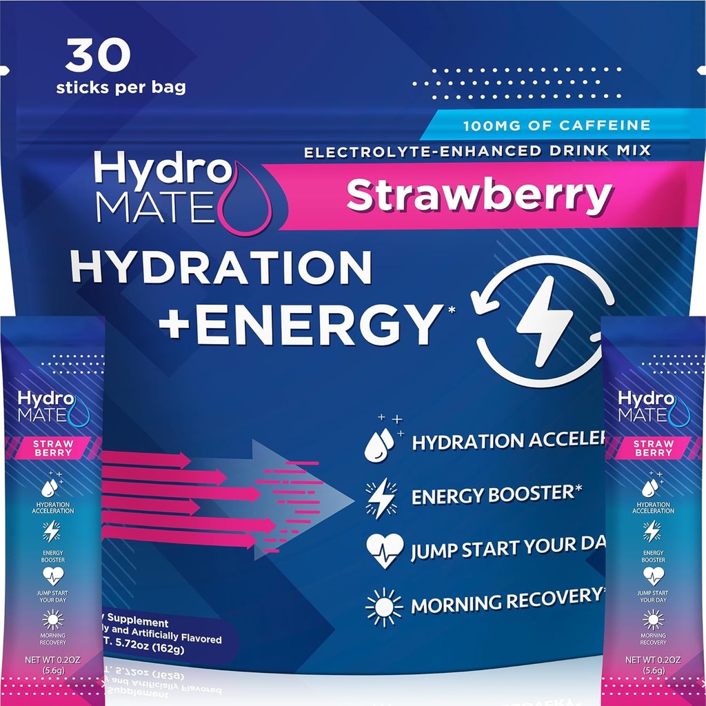HydroMATE Ηλεκτρολυτές Σκόνης Συσκευασίες Ενυδάτωση Επιταχυντής Χαμηλή Ζάχαρη Ταχεία ανακούφιση Κόμμα Ανάκτηση Βιταμίνη C Plus Φράουλα καφεΐνης 30 Count