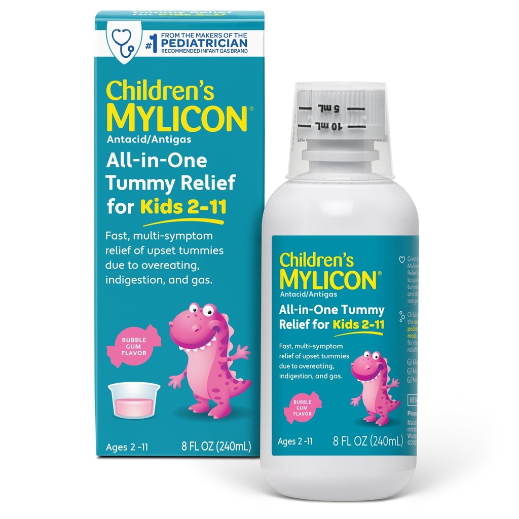 MYLICON Children's All-in-One Tummy Relief Liquid for Indigestion for Kids, Bubble Gum Flavor, 8oz