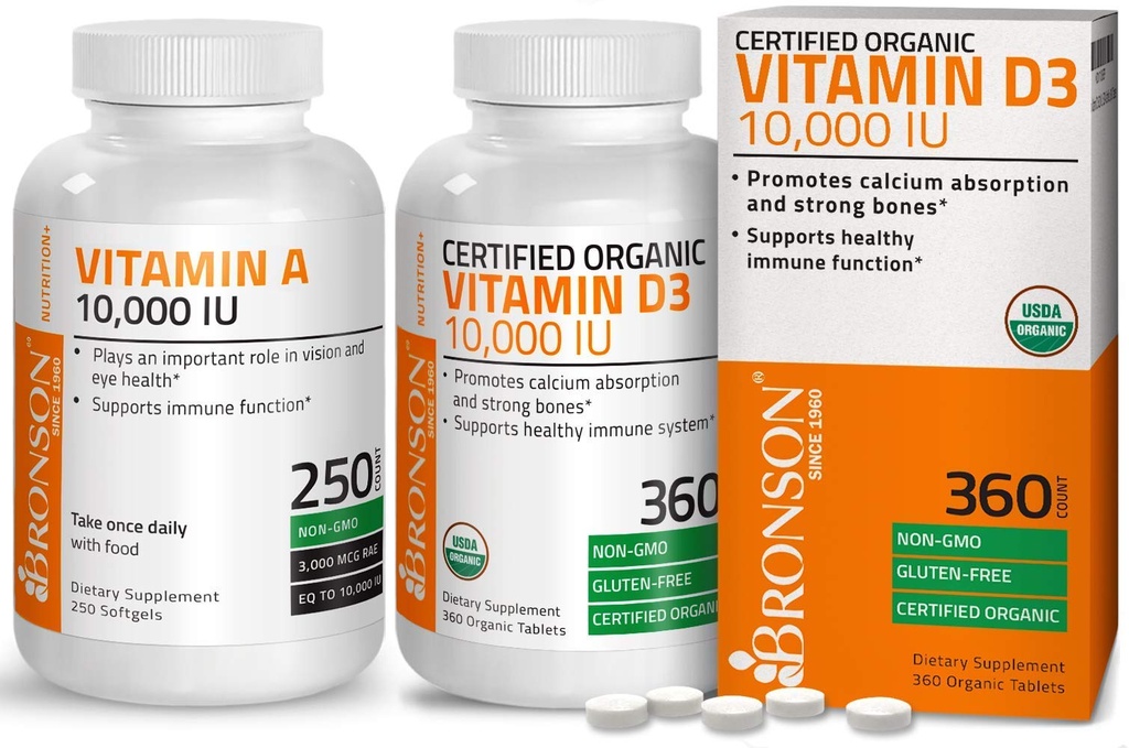 Bronson High Potency Vitamin D3 10,000 IU Certified Organic Vitamin D Supplement + Vitamin A 10,000 IU Premium Non-GMO Formula
