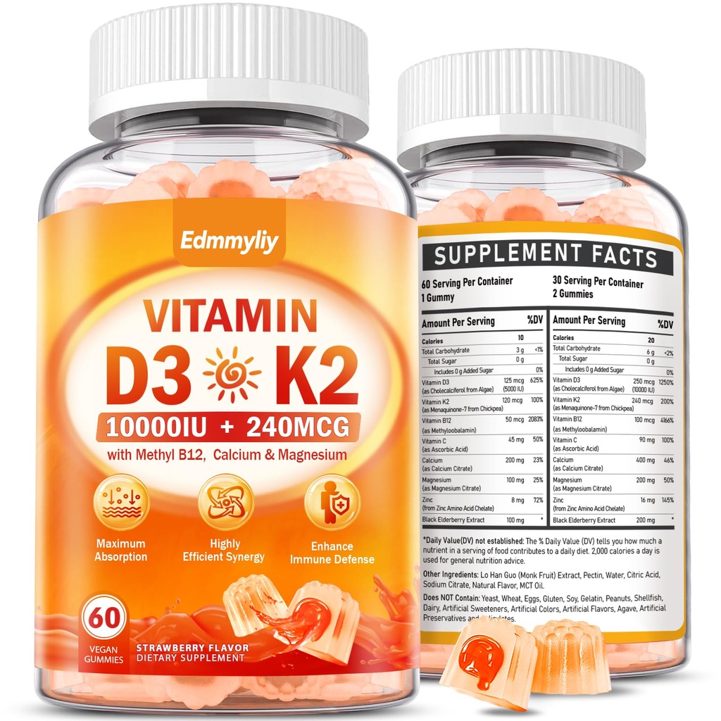 Vitamin D3 Supplement 10000IU for Adult - Vitamin D3 5000IU / 10000IU Gummies with K2, Methyl B12, Calcium, Magnesium, Zinc and Elderberry for Women & Men - Sugar-Free, Vegan Vitamin D Gummies