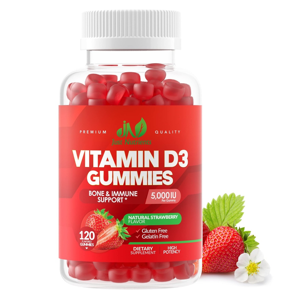Vitamin D3 5000IU / 10,000IU Gummies for Adults & Kids (120 Count) - Maximum Strength Support for Immune System, Bones & Teeth - Gluten-Free, Non-GMO, Great Tasting Strawberry Flavor - 4 Month Supply