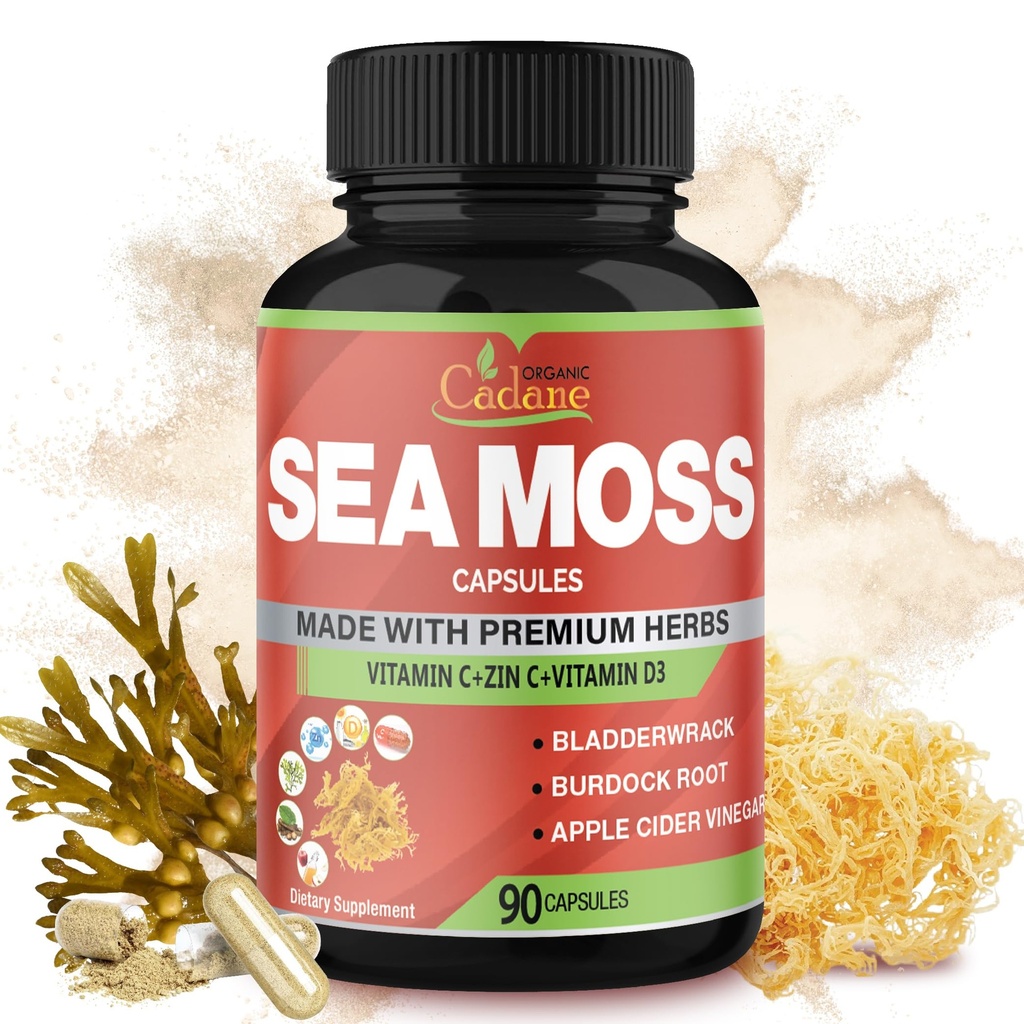 Organic Cadane Irish Sea Moss Extract Capsules - 9in1 with VitC, VitD, Bladderwrack, Burdock Root, Elderberry & More - Supports Immune System & Overall Health - 90Capsules
