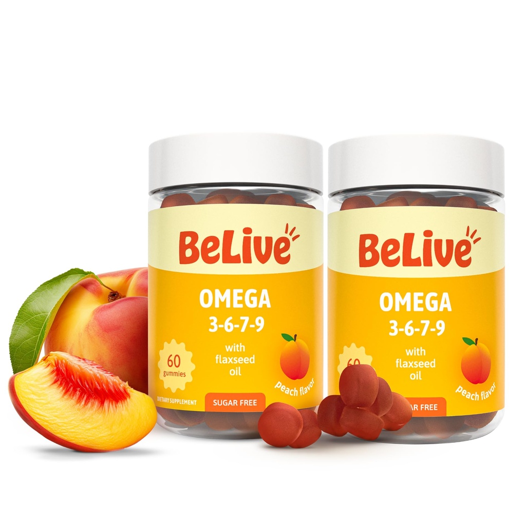Belive Organic Omega 3 Gummies - Ωμέγα 3 6 9 7 DHA & EPA από έλαιο λιναρόσπορου & θαλασσινό έλαιο καρπού, Vegan, για παιδιά & ενήλικες, πλήρες σώμα, εγκέφαλος & μάτια υποστήριξη, ζάχαρη δωρεάν – Ροδάκινο 