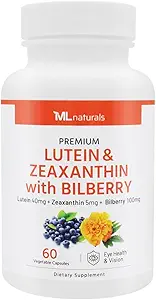 ML Naturals Premium Lutein & Zeaxanthin με Bilberry 60 κάψουλες λαχανικών. Lutein 40 mg, Zeaxanthin 5 mg και Bilberry 100 mg. Premium ποιότητα. Healthy Eyes & Vision, NSF-Certified & cGMP- Compliant