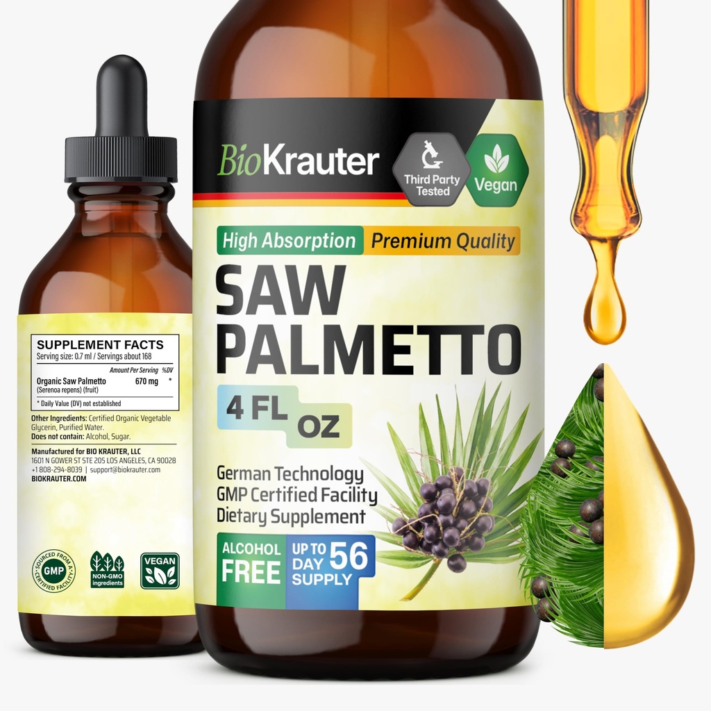BIO KRAUTER Saw Palmetto Extract - Vegan Saw Palmetto για άνδρες και γυναίκες - Ουρία Υποστήριξη - Αλκοόλ & Ζάχαρη Δωρεάν - 4 Fl.Oz.
