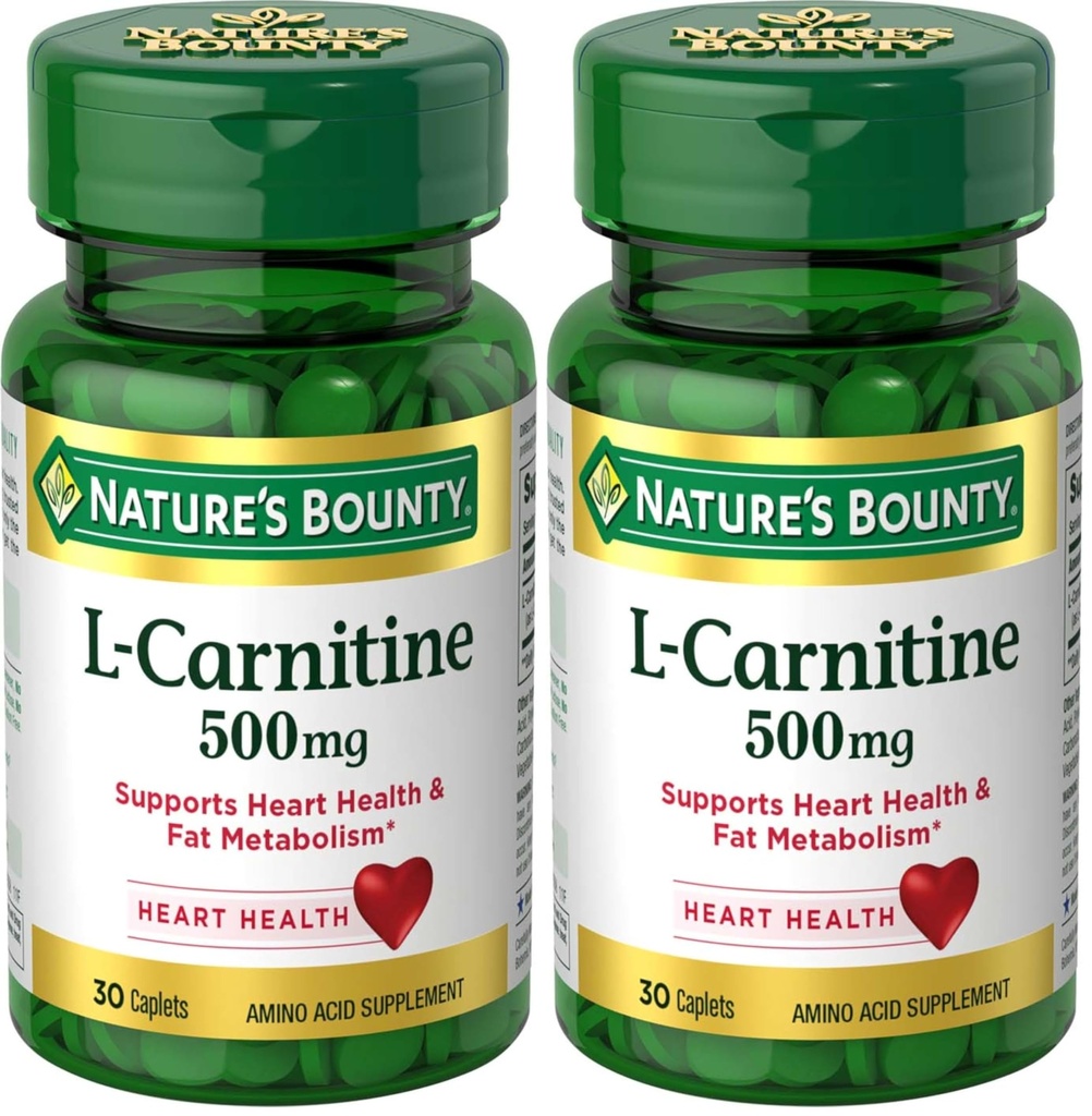 Nature's Bounty L-Carnitine, Supports Heart Health & Fat Metabolism, Amino Acid Supplement, 500 mg, 30 Tablets (Pack of 2)
