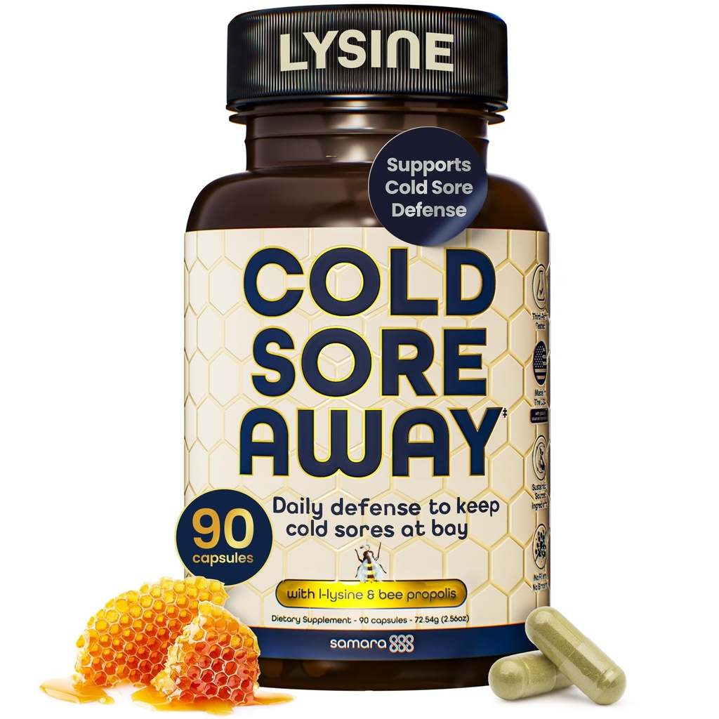Samara 888 L Lysine Cold Sore Treatment Support, Herbal Cold Sore Supplement w/Zinc Picolinate, Olive Leaf Extract, Beta Glucan, & Bee Propolis for Skin & Lip Health, 90 Capsules