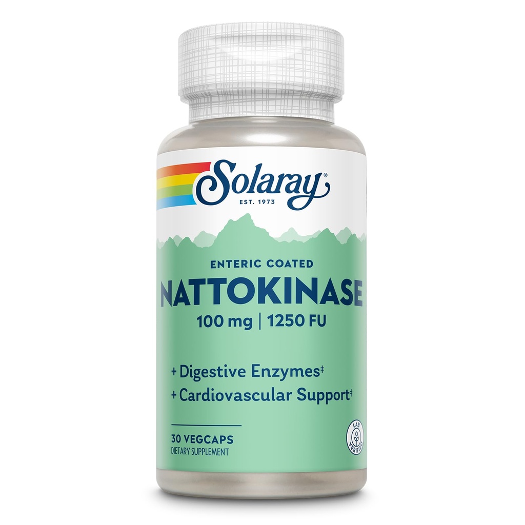 Συμπλήρωμα Nattokinase SOLARAY - Nattokinase 100mg, 1.250 FU - Παραδοσιακό Συμπλήρωμα Υποστήριξης Υγείας - Εργαστήριο Επαληθευμένο, 60 ημερών εγγύηση - 30 εξυπηρετήσεις, 30 VegCaps