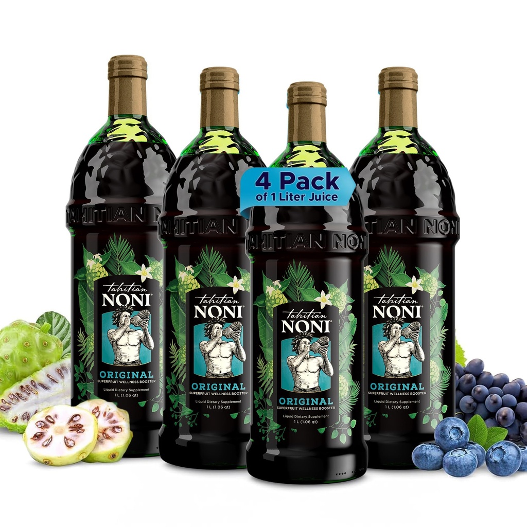 Tahitian Noni Juice by Morinda – Original Pure Noni Fruit Blend with Blueberry, Grape Extracts – Healthy Superfood Vitality Daily Wellness Drink – 4 Pack of 1L Bottle