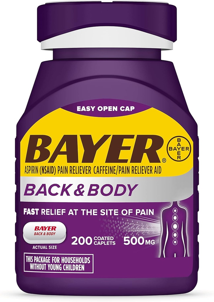 Bayer Extra Strength 500mg ασπιρίνης Plus καφεΐνη για Ισχυρή ανακούφιση του πόνου, 200 καπελάκια με επικάλυψη