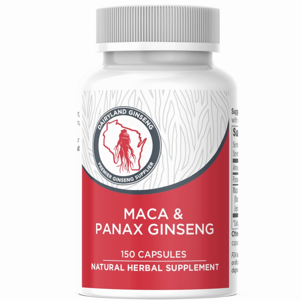 Maca Root Capsules + Korean Panax Ginseng - Concentrated Extract Black + Red + Yellow Maca Root, Panax Ginseng Capsules 150 ct