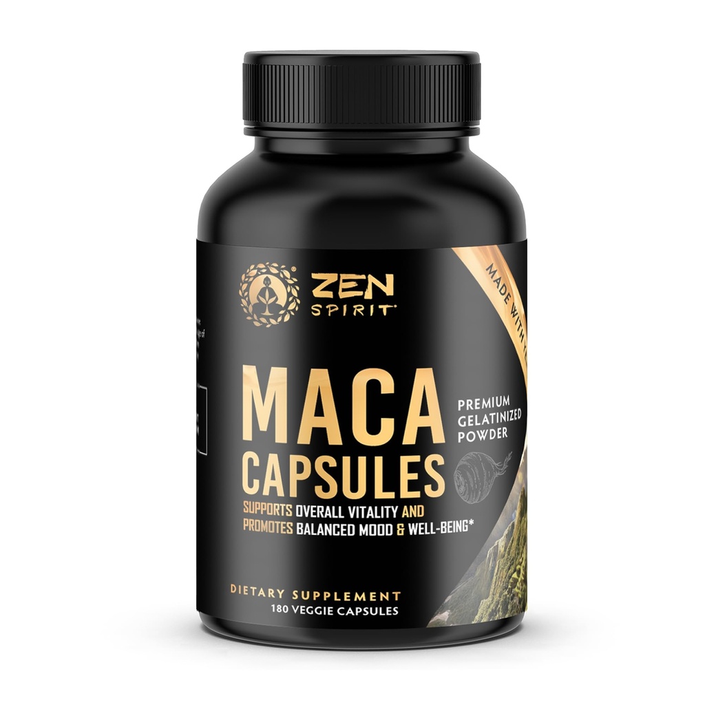Zen Spirit Maca Root Capsules Gelatinized - Yellow, Red & Black Powder Blend - Organic & Vegan Certified - 180 Pills 500mg - Supplement for Men and Women
