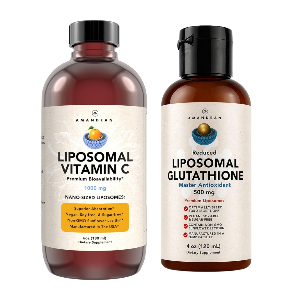 AMANDEAN Antioxidant Bundle - Liposomal Vitamin C Quali®-C 1000mg + Liposomal Glutathione Setria® 500mg - Non-GMO Vegan Liquid Formulas for Immune Support, Radiant Skin & Graceful Aging. Soy Free.