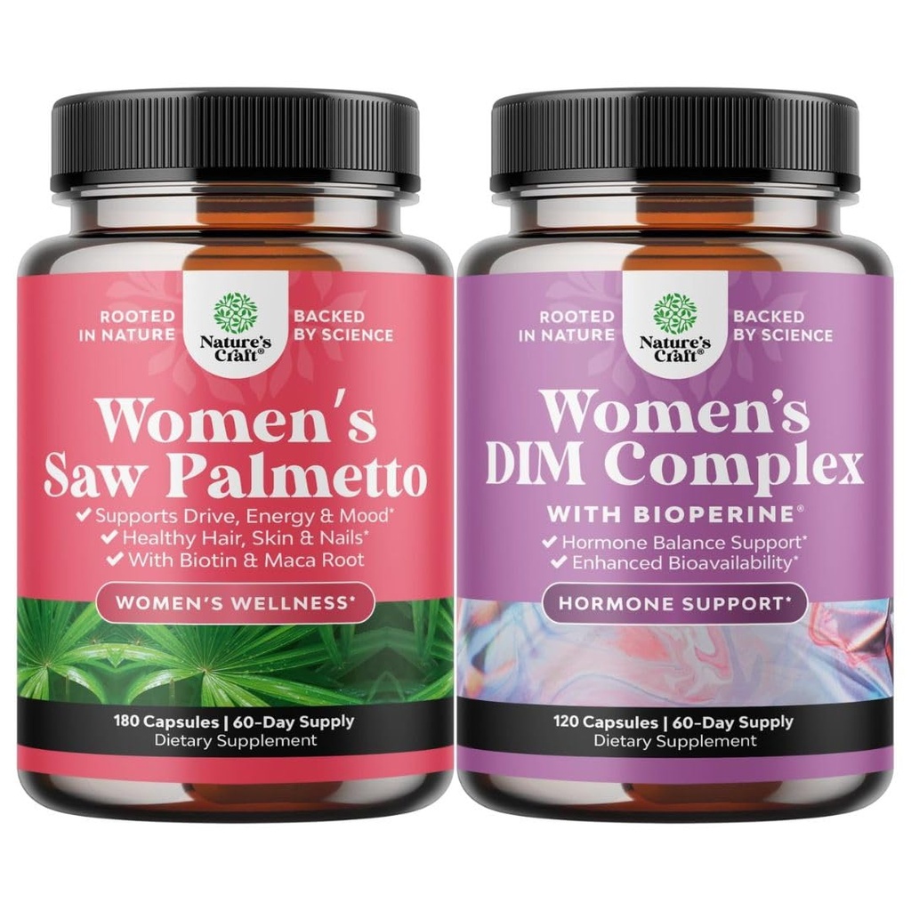 Bundle of Extra Strength Saw Palmetto for Women with Maca Root & Biotin for Stronger Healthier Looking Hair and Potent DIM Supplement for Women with DIM & Black Pepper Menopause Support and PMS Relief
