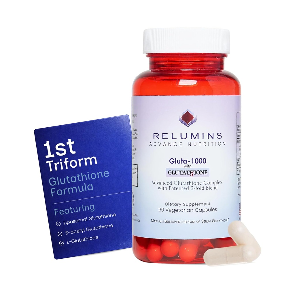 Relumins Advanced Patented Tri-Form Glutathione Complex 1000 mg - Fast-Absorb L-Glutathione, S-Acetyl & Liposomal + Alpha-Lipoic Acid & Rose Hips - Made in USA