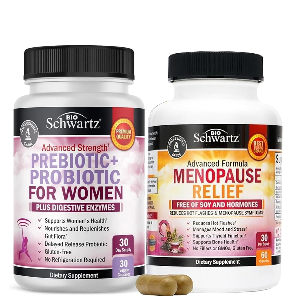 BioSchwartz Herbal Menopause Supplement with Black Cohosh (1 Month Supply) Plus Prebiotics and Probiotics with Digestive Enzymes for Women (1 Month Supply)
