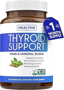 Thyroid Support with Iodine (Non-GMO) Improve Your Energy & Mood - Metabolism Booster Thyroid Health Supplement for Women and for Men - Ashwagandha, Zinc, B12 Complex - 60 Capsules