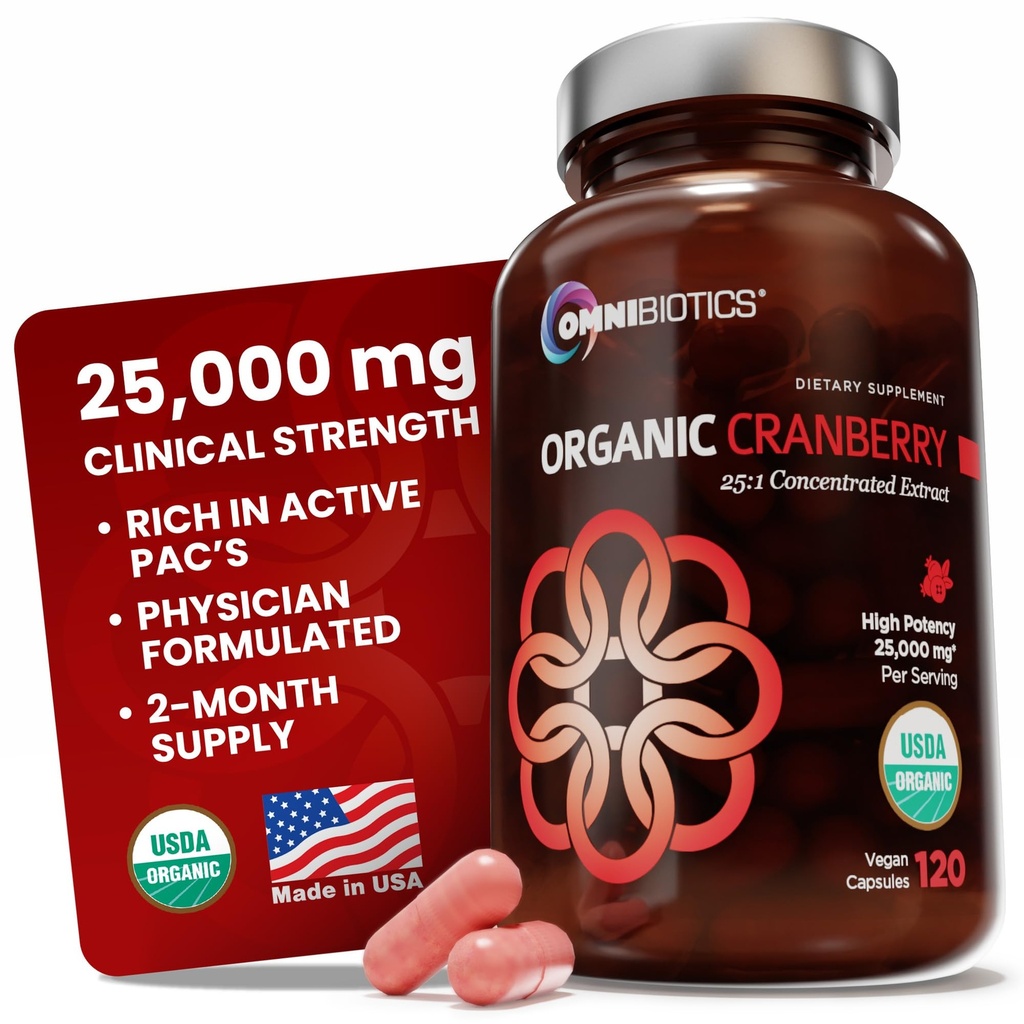 OmniBiotics USDA Organic Cranberry Pills for Women - High Potency 25,000 mg Supplement with 25:1 Fruit Extract - Daily Urinary Tract Support - 120 Vegan Capsules