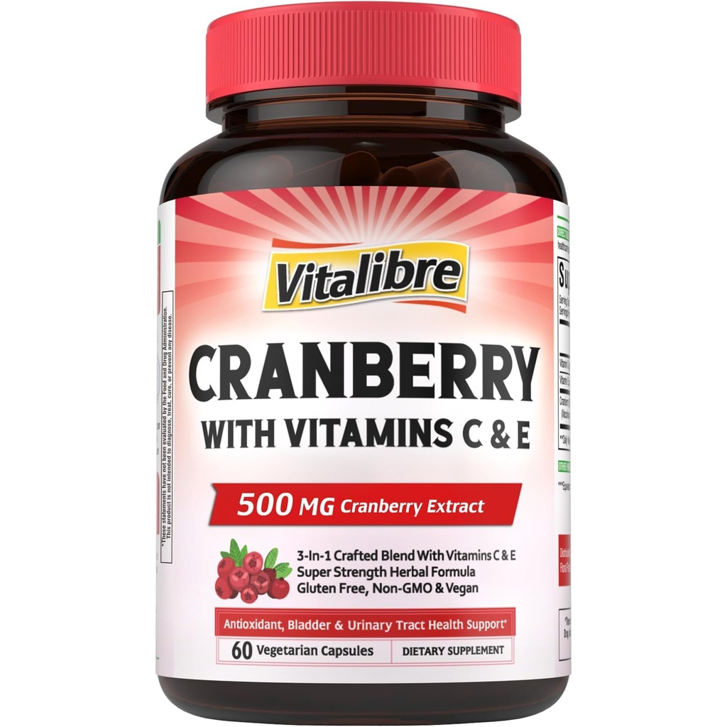 Vitalibre Cranberry Pills for Women with Vitamin C & E, Once Daily, Vegan, Urinary Tract Health & Kidney Cleanse, 60 Capsules