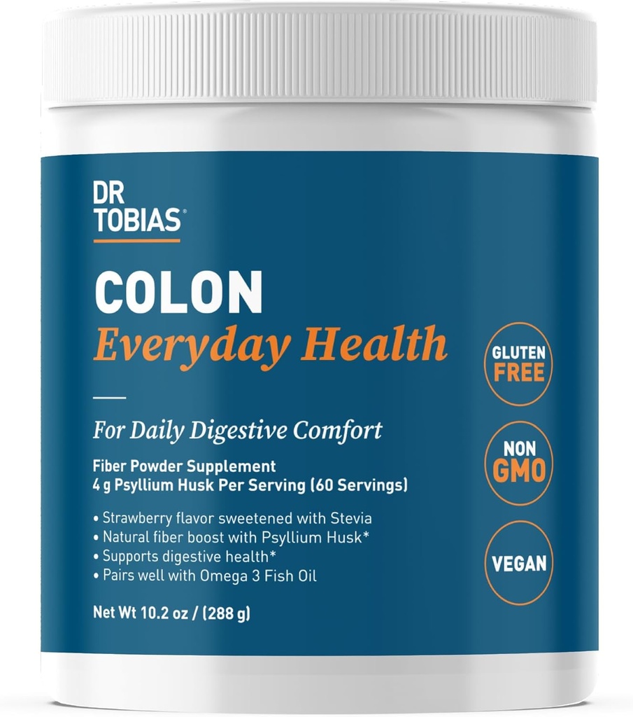 Dr. Tobias Colon Everyday Health - Gut Health for Women & Men - Psyllium Fiber Powder Drink with 4g Psyllium Husk Powder per Serving, Vegan, Gluten Free, Non-GMO, Strawberry Flavor, 60 Servings