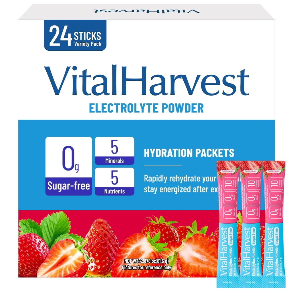 VitalHarvest 24 Sticks Electrolytes Powder Packets 7 Flavors Sugar Free Hydration Packets Liquid Daily IV Drink Mix, Low Sodium, Strawberry