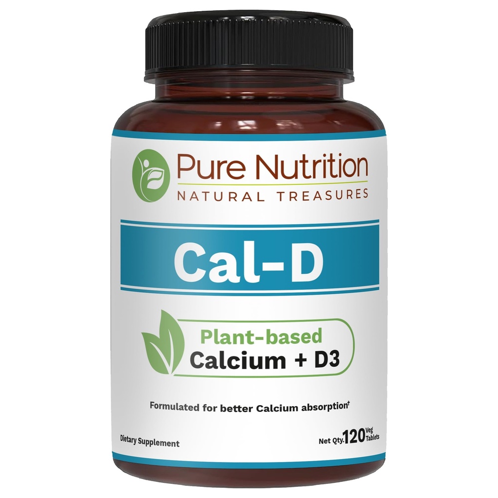 Pure Nutrition Cal D - Plant Based Calcium with VIT D3 K2 & Magnesium | 120 Tabs | 500mg Vegan Calcium per Serving | Algae Calcium Supplement for Bone Health