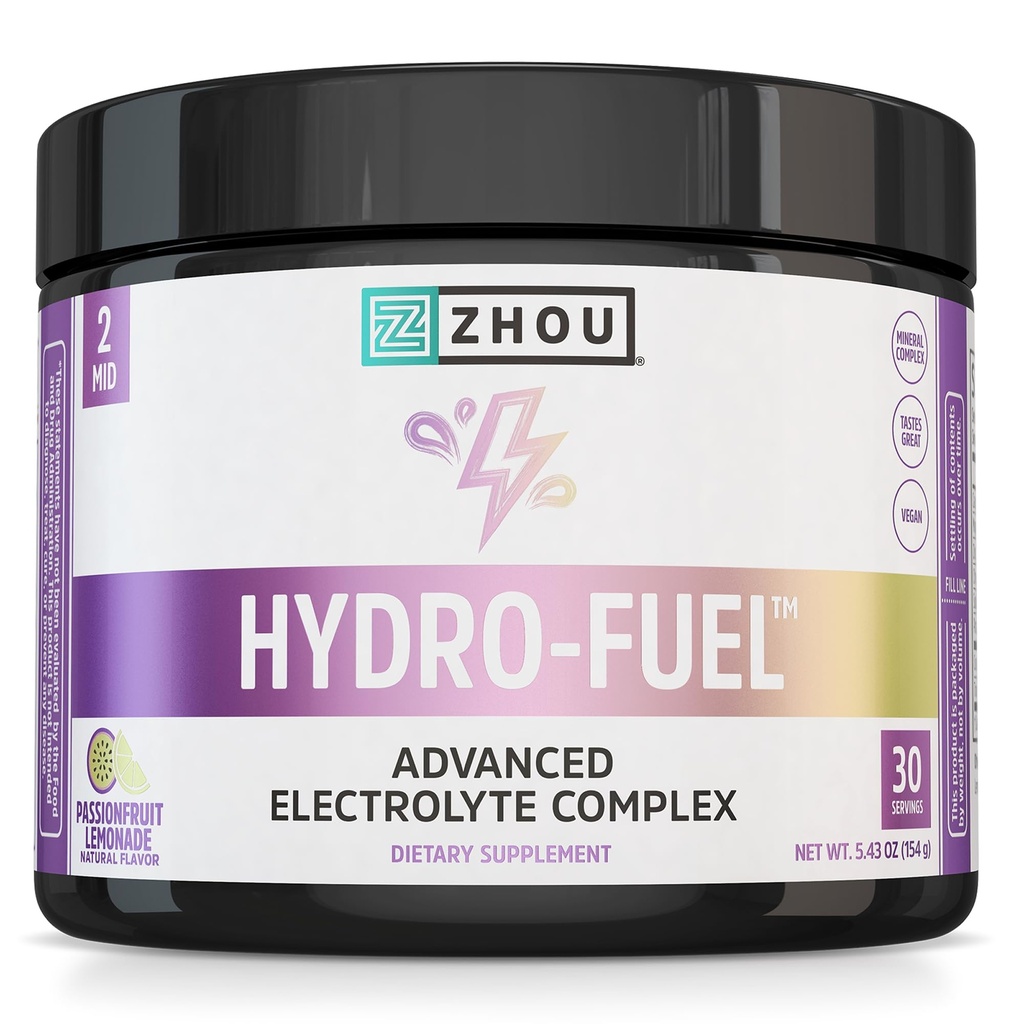 ZHOU Hydro-Fuel - Electrolytes Powder, Sugar Free Hydration Drink Mix w/Magnesium, Zinc, Potassium & Sodium, Minerals & Coconut Water Extract, No Sugar - Passionfruit Lemonade, 5.43 oz (30 Servings)
