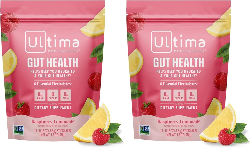Ultima Replenisher Gut Health Supplement and Electrolytes Powder - Raspberry Lemonade, 14 Stickpacks - Hydration Packets with Added Gut Health Benefits (Pack of 2)
