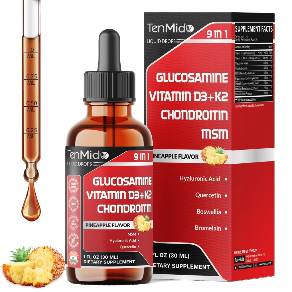 Glucosamine Chondroitin MSM Liquid Drops - 9in1 with Vitamin D3, Vitamin K2, Hyaluronic Acid, Quercetin, Boswellia, and Bromelain - Vegan, Non-GMO - 30ml 1 Fl Oz