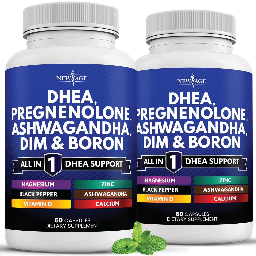 NEW AGE DHEA Supplement - Pregnenolone for Men & Women with DIM, Ashwagandha, Boron, Calcium, Magnesium, Zinc, Vitamin D3 5000iu - Support Capsules - 120 Count