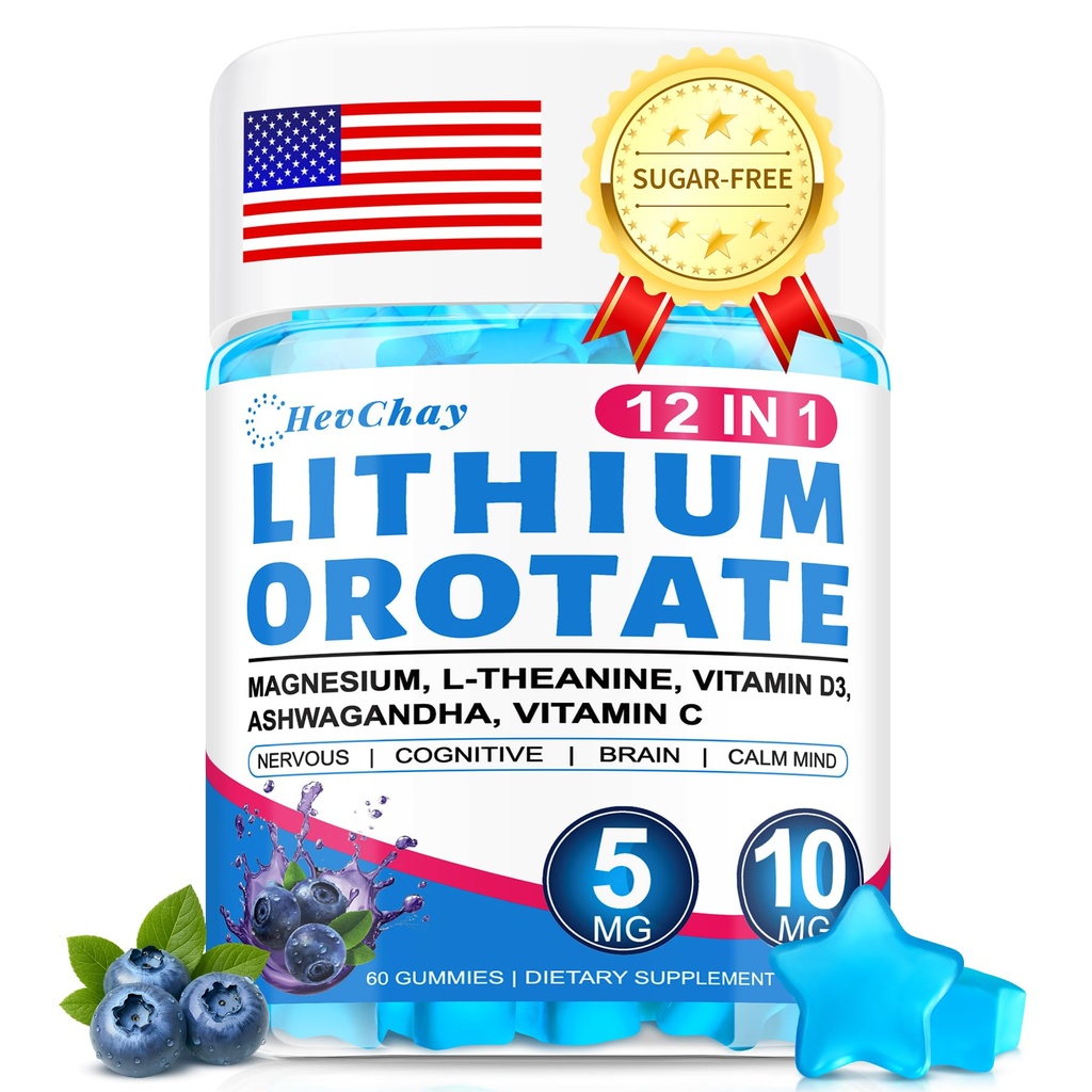 12-in-1 Lithium Orotate 5mg 10mg with Ashwagandha & L-Theanine, Lithium Orotate for Mood, Calm, Cognitive & Brain, High Bioavailability Trace Mineral, Lemon Balm, Magnesium Glycinate, 1 Pack