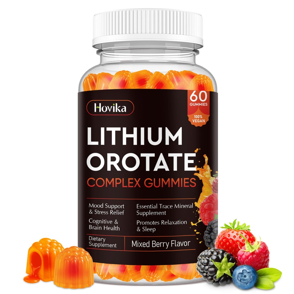 Lithium Orotate 5mg 10mg Gummies Lithium Supplements with Vitamin B, Magnesium & Selenium for Mood Support, Stress Relief, Brain Health, Non-GMO, Vegan, Gluten Free - Mixed Berry Flavor, 60 Gummies
