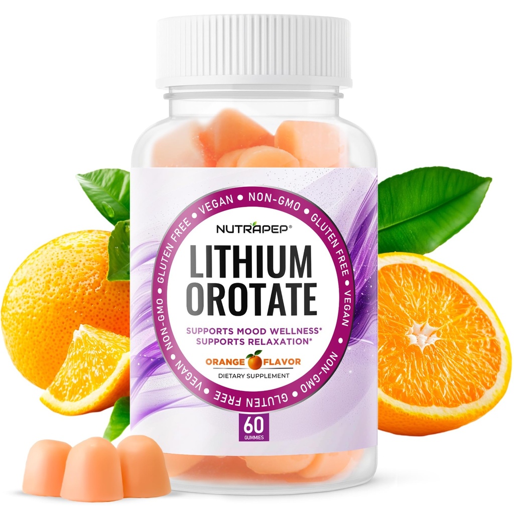 NutraPep Lithium Orotate 5mg Gummies - Lithium Orotate for Mood Wellness Relaxation Stress Management Support - Vegan Gluten-Free Non-GMO Orange Flavor 60 Gummies